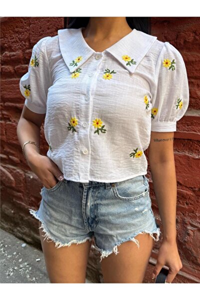 WeShaya Κοντομάνικο πουκάμισο με λευκό φλοράλ κέντημα