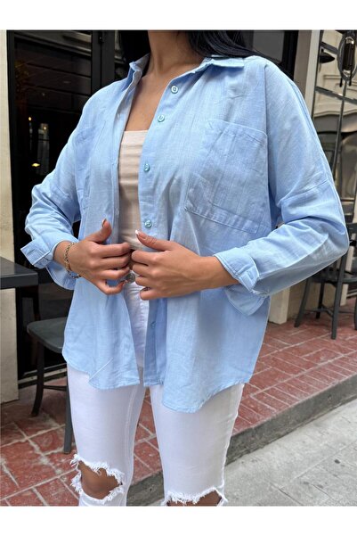 WeShaya Cămașă oversize din viscoză cu buzunare albastre