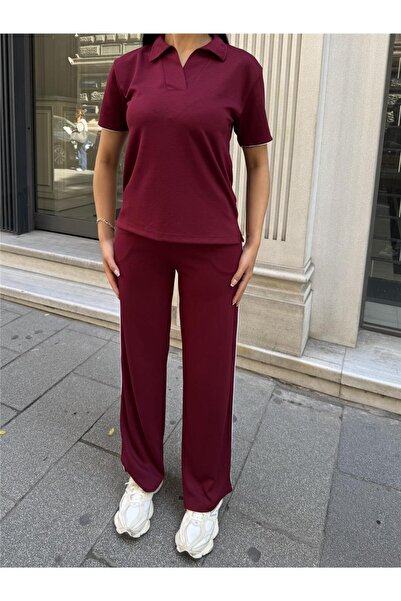 WeShaya Burgundy Polyester Linen Polo Neck Suit