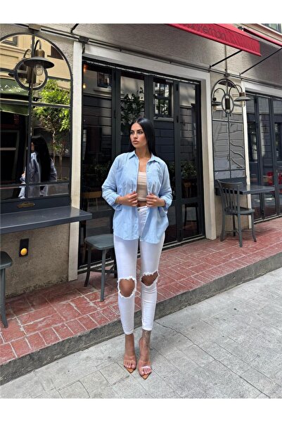 WeShaya Cămașă oversize din viscoză cu buzunare albastre