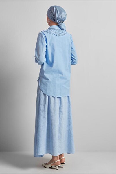 TRENDTESETTÜR Women's Blue Cotton Shirt Tunic t 4122