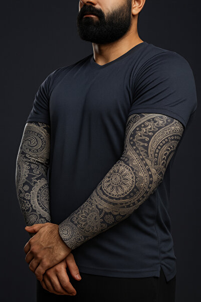 Buffalo Geometri Desenli Siyah Giyilebilir Kol Dövmesi Çorap Dövme 3D Baskılı Kol Bacak Dövme Sağ Kol