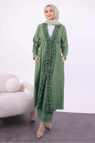 TRENDTESETTÜR Women's Green (Çağla) Ruffle Pants Suit t 1284