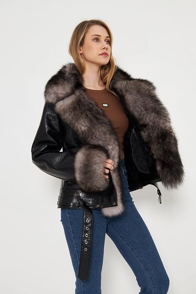 By Marki Marki Women's Leather Jacket, Fur Inside, Crocodile Print, Special Fur Collar, Belt, Black Fur-114522
