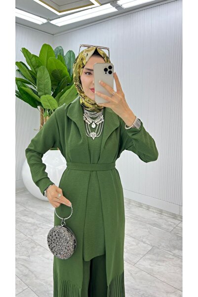 MB MODABERARDİ Pliseli Kap, İçlik ve Pantolonlu Kadın Üçlü Takım