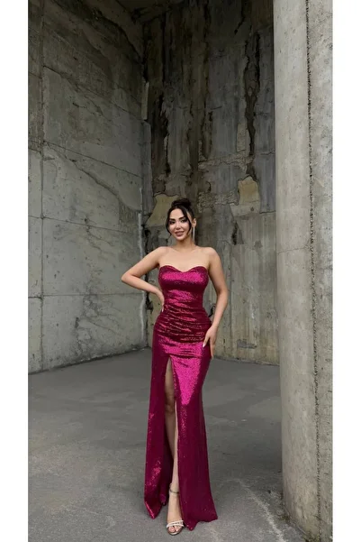 Bellucia Strapless Sequined Slit Evening Dress