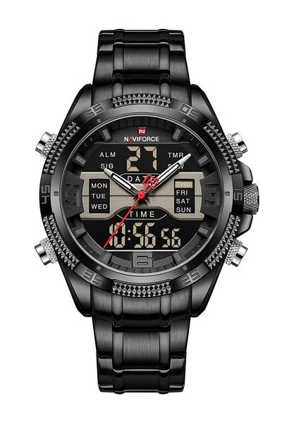 Naviforce Mens Dual Display Chronograph Watch Full Black Stainless Steel Band Analog Digital Quartz Movement