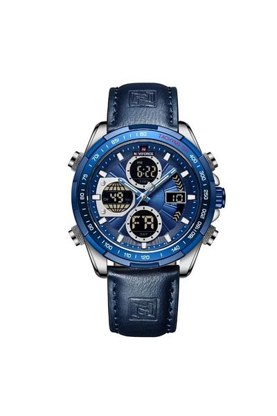 Naviforce Stylish Mens Dual Time Quartz Watch with Blue Dial Leather Strap Analog Digital Display Stopwatch