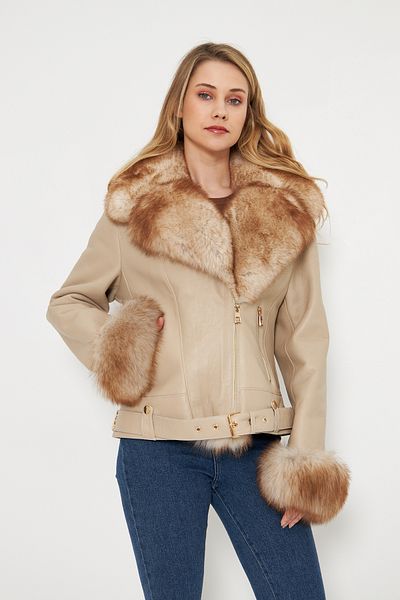 By Marki Marki Women's Leather Jacket – Fur Inside, Special Fur Collar, Belt, Fur Cuffs, 58 Cm, Beige - 114522