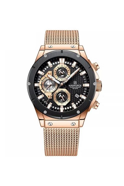 Naviforce Men's Chronograph Watch Black Dial Rose Gold Mesh Strap Water Resistant