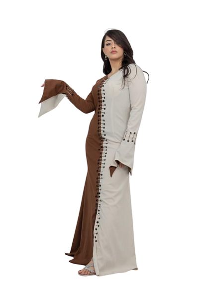 Nice Model Two Tone Maxi Dress Women Long Sleeve Button Down Embroidered Evening Formal Gown Brown Beige
