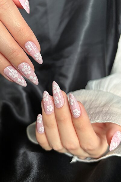 Easy Beauty Çiçekli Badem Tırnak Orta Uzunlukta 24 Adet Takma Tırnak Seti W1728