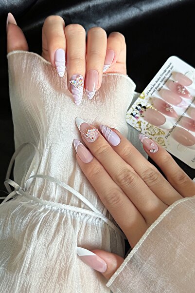 Easy Beauty French Badem Tırnak Orta Uzunlukta 24 Adet Takma Tırnak Seti Z910