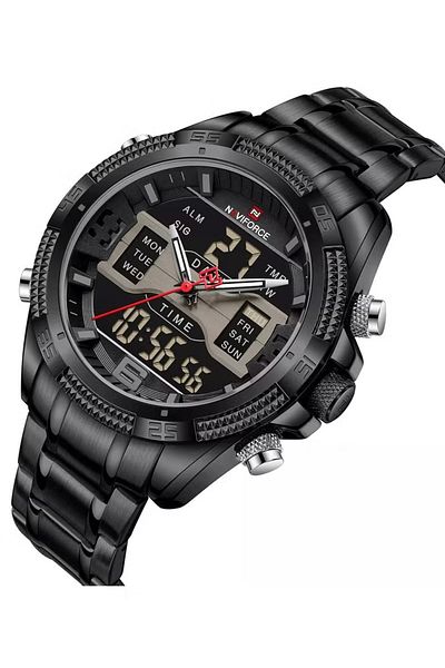Naviforce Mens Dual Display Chronograph Watch Full Black Stainless Steel Band Analog Digital Quartz Movement
