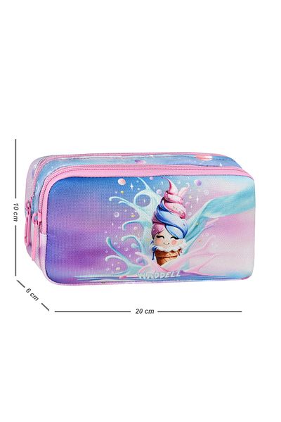 Waddell Pink Ice Cream Patterned 2 Pocket Pencil Case, Pen Holder