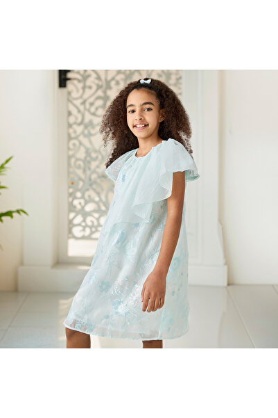 ELIGO فستان مزين بالكامل بكشكشة ورقبة دائرية