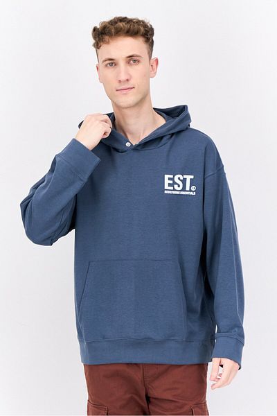 Established Redefining Essentials Men Hooded Long Sleeve Brand Logo Sweatshirt, Navy