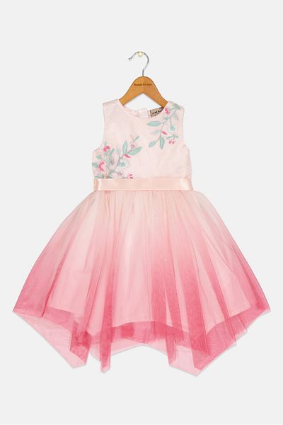 Luna Moon Kids Girl Embroidered Belted Mesh Dress, Pink
