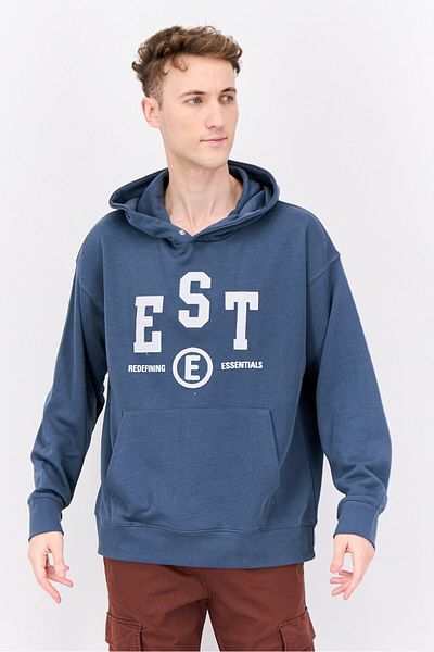 Established Redefining Essentials Men Hooded Embrodiered Logo Long Sleeves Sweatshirt, Slate Blue