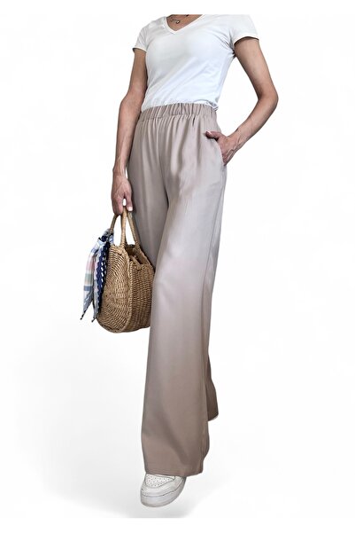 İrem Tekstil Kadın Bej Bol Saten Pantalon