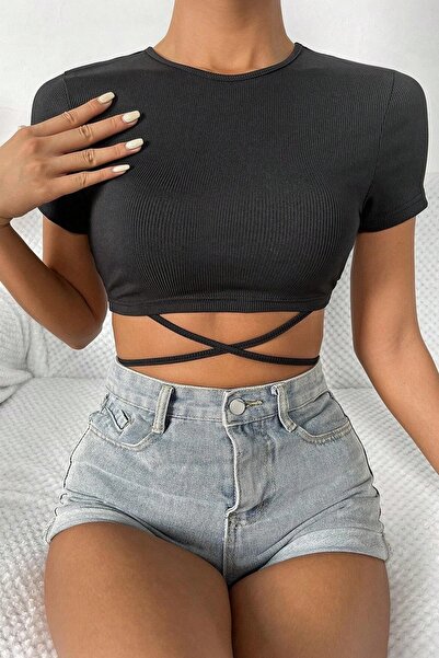 İntive Lingerie Defnada Γυναικεία Μαύρη Μπλούζα Crop Top με Μισό Μανίκι και Σ...