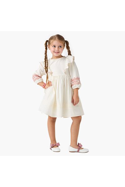 ELIGO Embroidered A-line Dress with Long Sleeves and Ruffle Detail