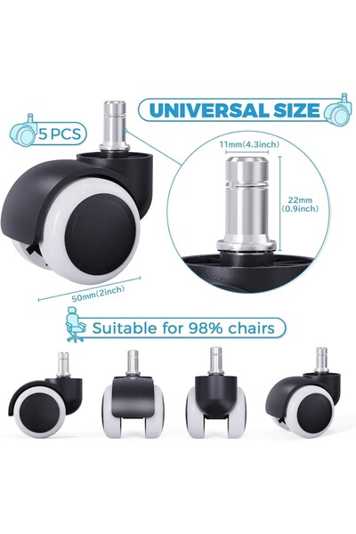 AB HOMES Set of 5 Wheels for Office Chair, AB HOMES, 2.5 inch Transparent, 11mm Shaft, Model with Brake, Blac