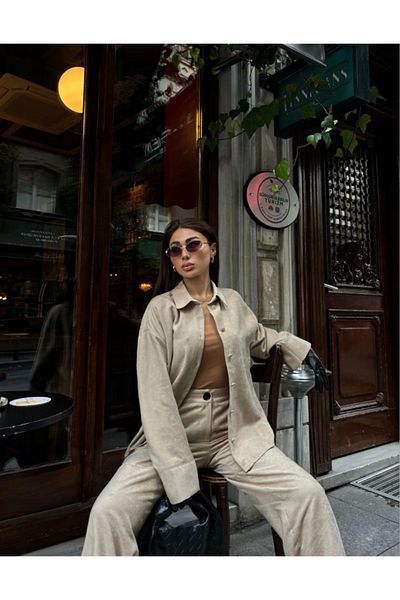 COTTONLAB Suede Shirt Palazzo Trousers Double Set - Beige