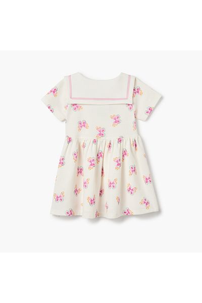 Juniors Butterfly Print Dress with Collared Neckline and Button Closure