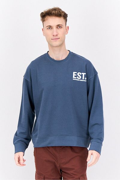 Established Redefining Essentials Men Crew Neck Brand Logo Long Sleeves Sweatshirt, Slate Blue