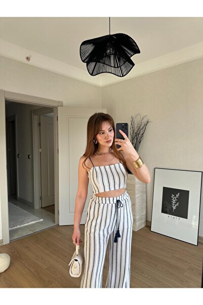 BAŞARAN Striped Detailed Strap Crop Blouse and Pants