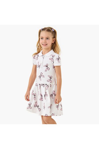 Juniors Bow Print Polo Dress with Short Sleeves