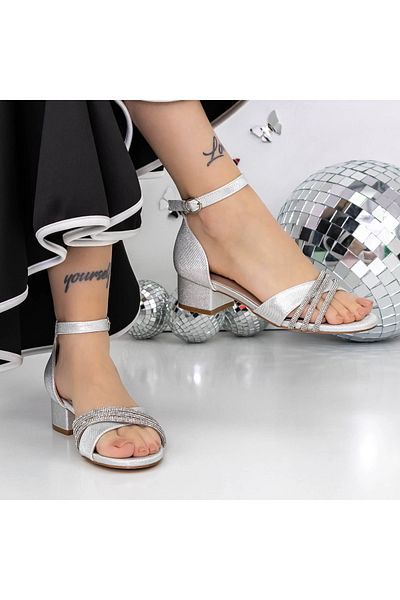 mei Sandale Dama cu Toc Gros 3XKK98 Argintiu | Mei