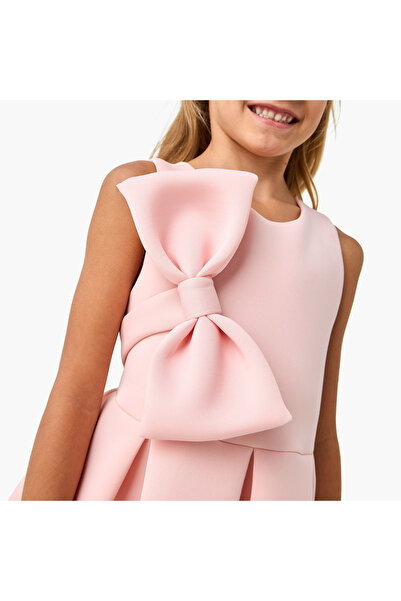 Juniors Bow Detail A-Line Sleeveless Dress with Zip Closure