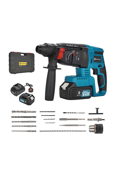 GearZone Cordless Electric Hammer Drill, 21V for Metal Concrete & Wood Drilling, With 2pc Batteries