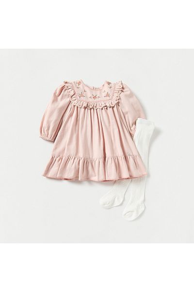 giggles Floral Embroidered Long Sleeves Dress with Tights