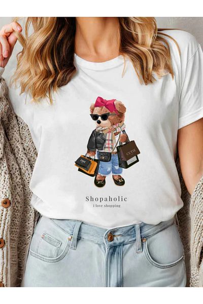 Sarah's Boutique Tricou de damă – 100% bumbac – Ursuleți de pluș „SHOPAHOLIC”