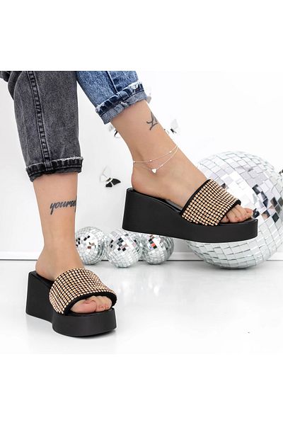 mei Women's Platform Slippers 3GZ52 Black-Champagne | Mei