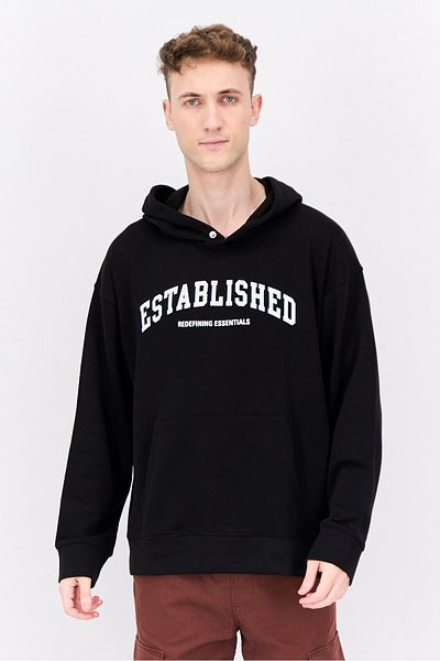 Established Redefining Essentials Men Hooded Long Sleeves Brand Logo Sweatshirt, Black