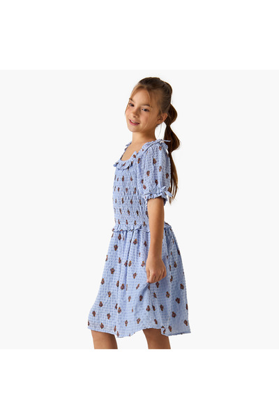 Juniors All-Over Print Dress with Ruffles and Shirred Detail