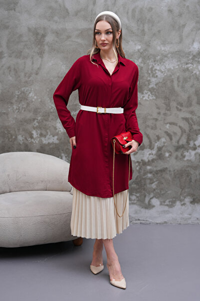 Polologin Butik Flowy Long Burgundy Shirt Tunic