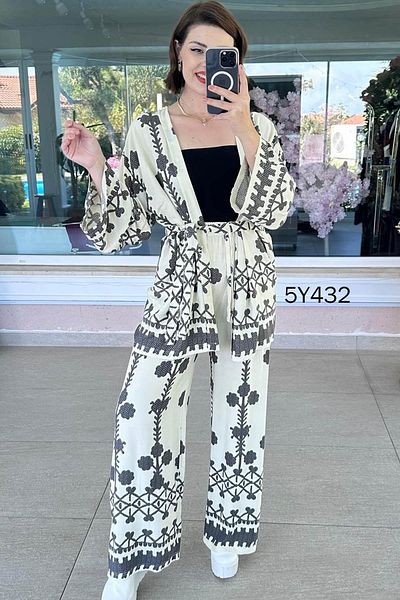 İnce Topuk Crop Kimono Viscose 3 Piece Set 5Y432