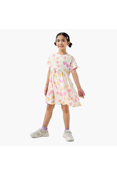 Juniors All-Over Print Dress with Short Sleeves