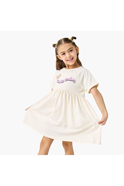 Juniors Slogan Print Dress with Short Sleeves