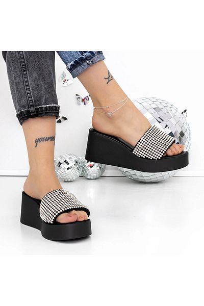 mei Women's Platform Slippers 3GZ52 Black-White | Mei