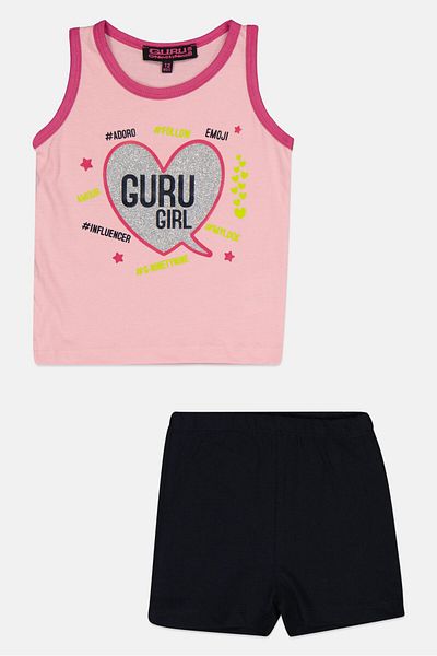 Guru 99 Toddlers Girl 2 Piece Graphic Print Sleeveless Top And Bottom Set, Multicolor