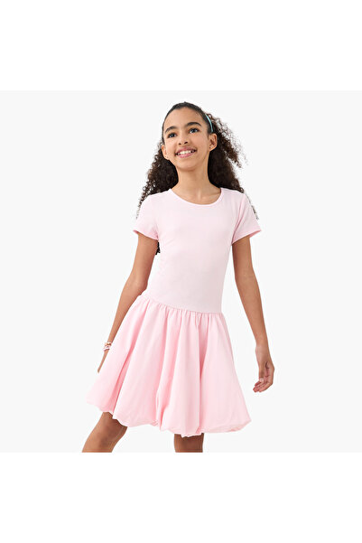 Juniors Ribbed Balloon Dress with Short Sleeves