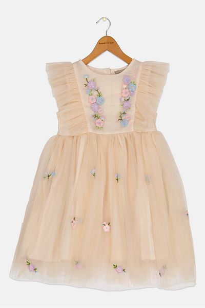 Luna Moon Kids Girl Embroidered Mesh Dress, Beige