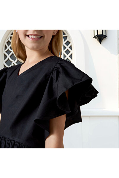 Juniors Solid V-neck Dress with Ruffle Sleeves and Button Closure