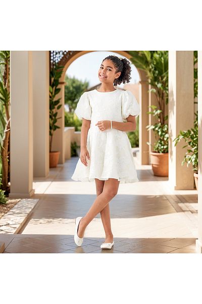 Juniors All-Over Embroidered Dress with Balloon Sleeves and Zip Closure